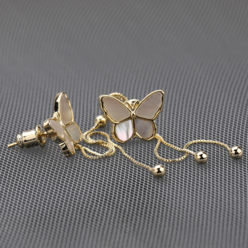 Latest Design Women Beautiful 18K Gold Plated Hoop Shiny Shell Butterfly Earrings with Tassel