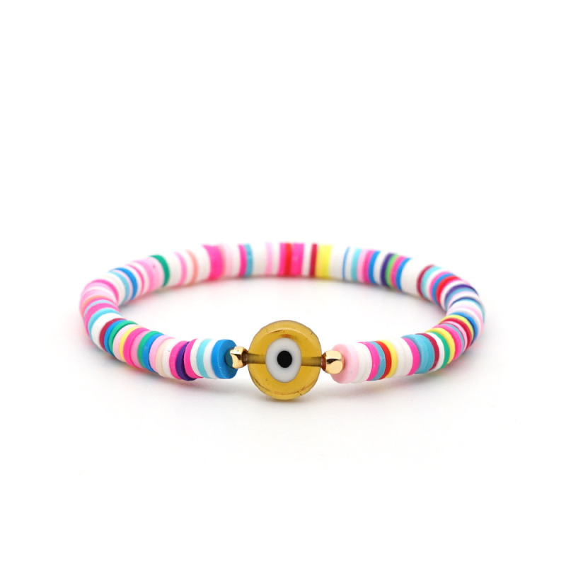 2021 Hot Sale INS Style Friendship Handcraft Rainbow Polymer Clay Disc Bracelet with Eye Charm