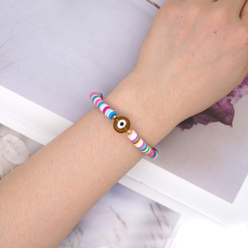 2021 Hot Sale INS Style Friendship Handcraft Rainbow Polymer Clay Disc Bracelet with Eye Charm