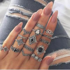 2021 New Arrival Couple Ring Silver Plated  Hip-hop Style Popular Hollow Out Black Lotus Ring Set Retro