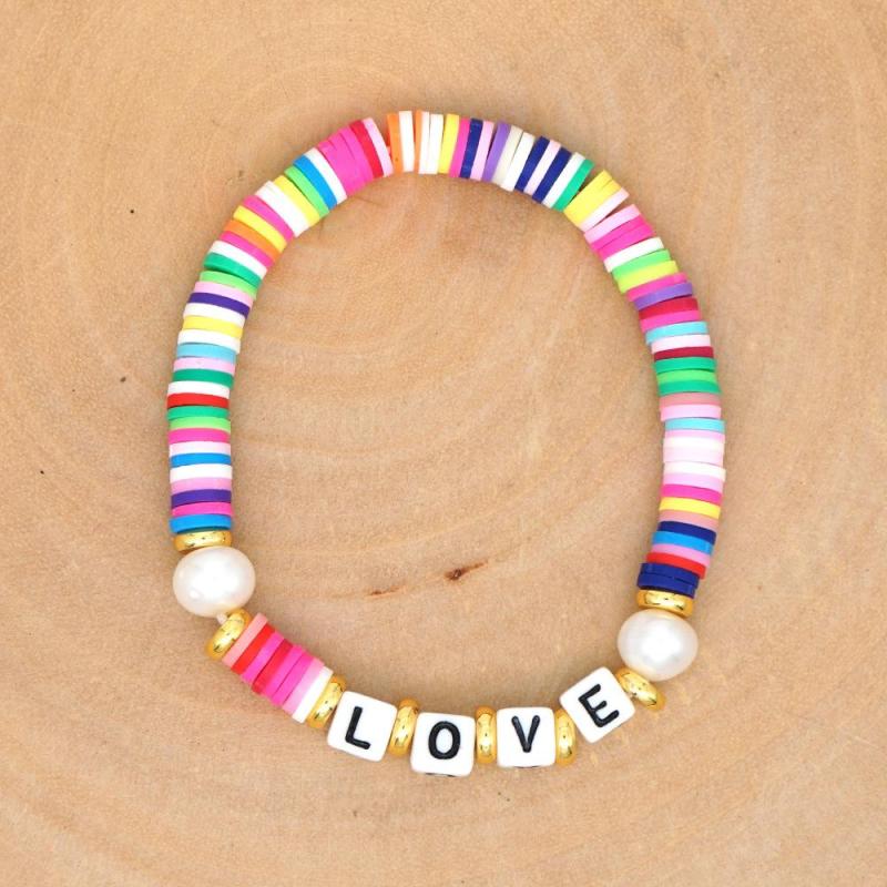 Fashion Handmade Lucky Bohemian Summer Beach  Colorful Polymer Clay Vinyl Heishi Beaded Letter Bracelet