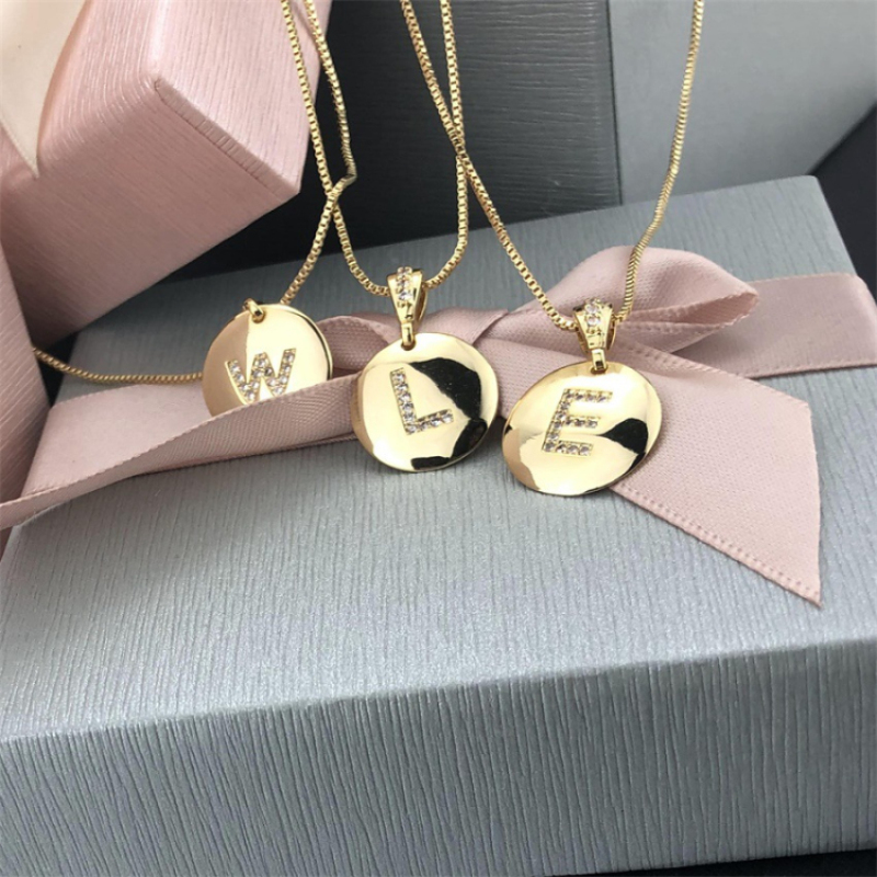 INS Style 18K Gold Plated Polished Brass Initial Letter Pendant Necklace with Zircon