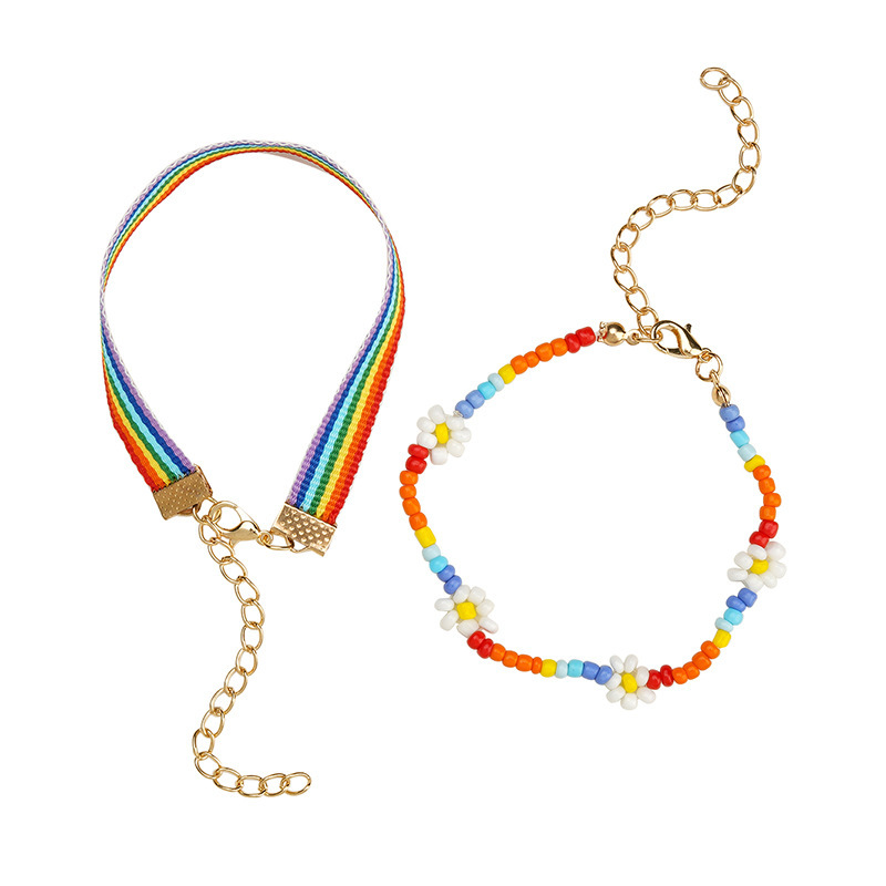 2pcs Flower Decor Couple Style Rainbow Colorful Ribbon Seed Beads Beaded Bracelet for Gift