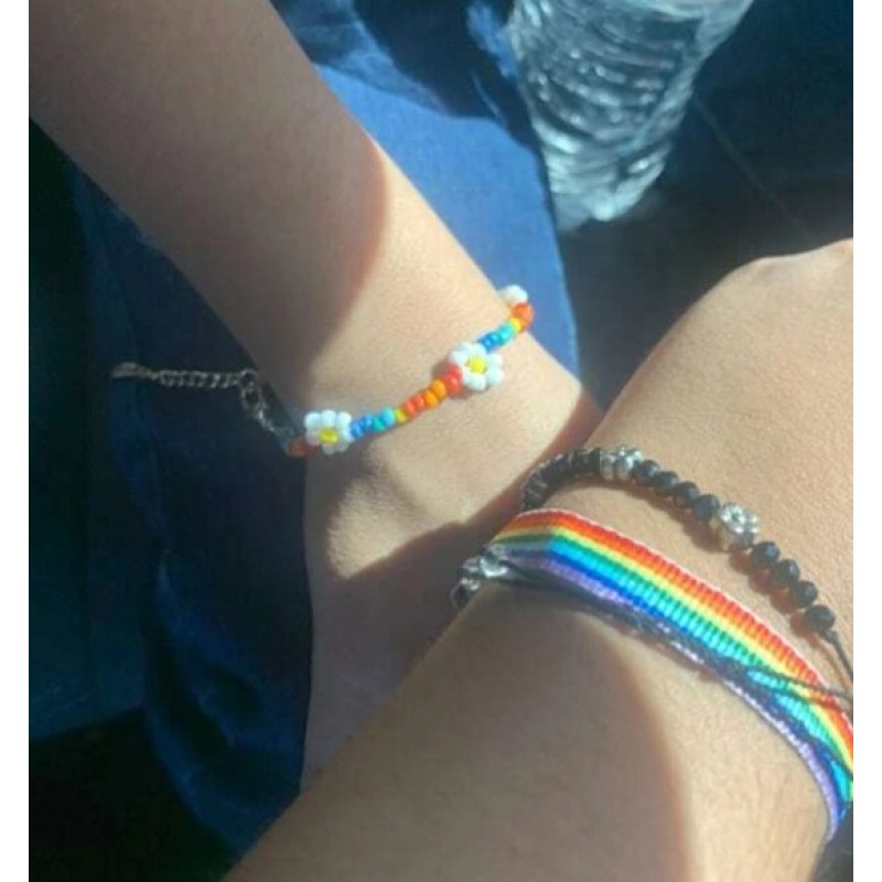 2pcs Flower Decor Couple Style Rainbow Colorful Ribbon Seed Beads Beaded Bracelet for Gift