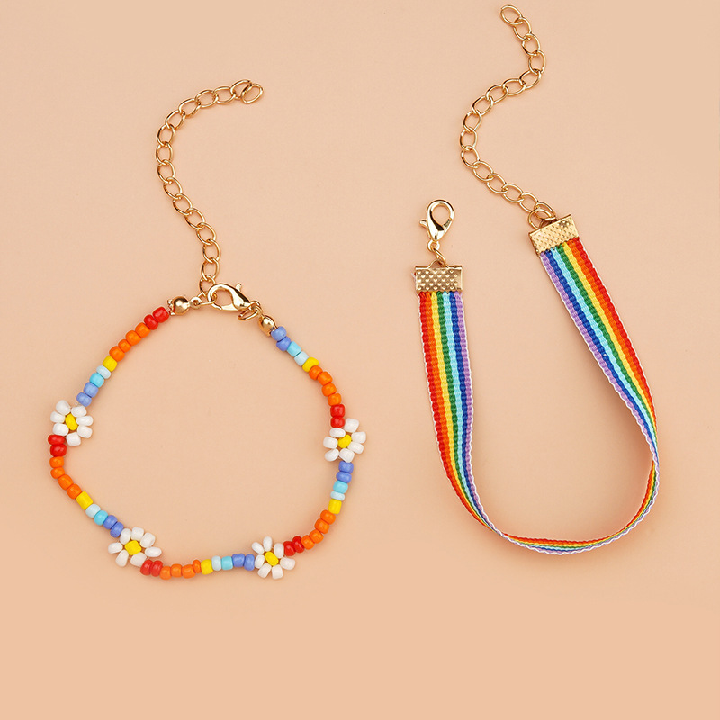 2pcs Flower Decor Couple Style Rainbow Colorful Ribbon Seed Beads Beaded Bracelet for Gift