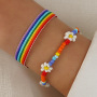 2pcs Flower Decor Couple Style Rainbow Colorful Ribbon Seed Beads Beaded Bracelet for Gift