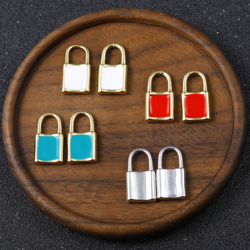 Micro Insert Zirconia Jewelry Gold Plated Pendants Enamel Lock Charms for Jewelry Making