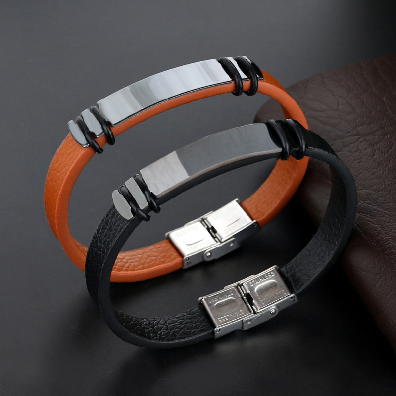 Cool Brown and Black PU Leather Bracelet Smooth Stainless Steel Charm Bracelet