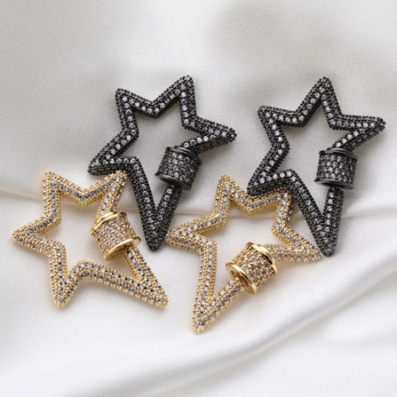 Fully Clear CZ Micro Pave Star Shaped Lock Screw Clasp Carabiner Gold Plated Star Pendant for Necklace Jewelry Making 30*18MM