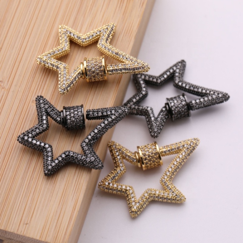 Fully Clear CZ Micro Pave Star Shaped Lock Screw Clasp Carabiner Gold Plated Star Pendant for Necklace Jewelry Making 30*18MM
