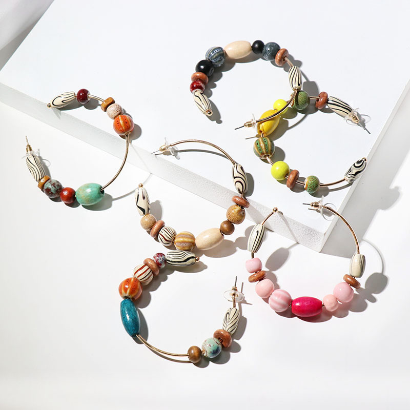 Bohemian Retro National Style Bead Jewelry Geometric C Shaped Colorful Wooden Earrings For Women