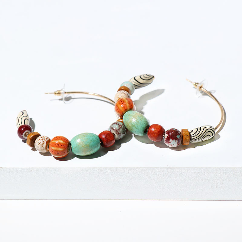 Bohemian Retro National Style Bead Jewelry Geometric C Shaped Colorful Wooden Earrings For Women