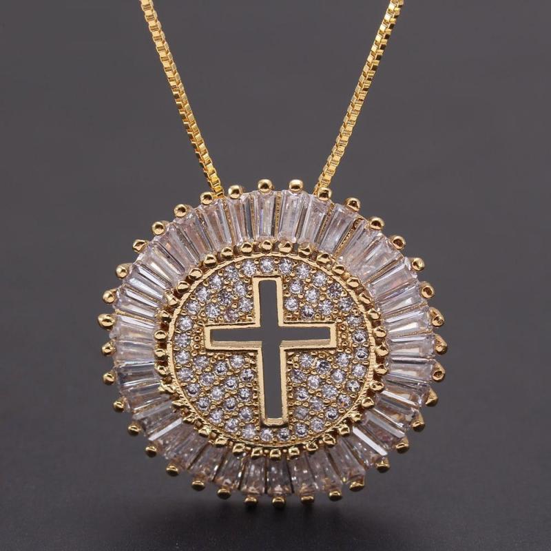 Hot Selling 3A Grade Zircon Round Shaped Hollow Cross Necklace Brass Gilded Micro-Inlaid Cross Pendant Necklace