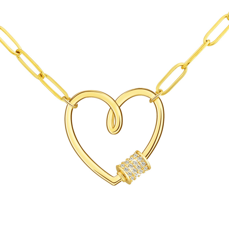 Gold Plated Stainless Steel Paper Clip Chain Heart Climbing Button Carabiner Necklace for women