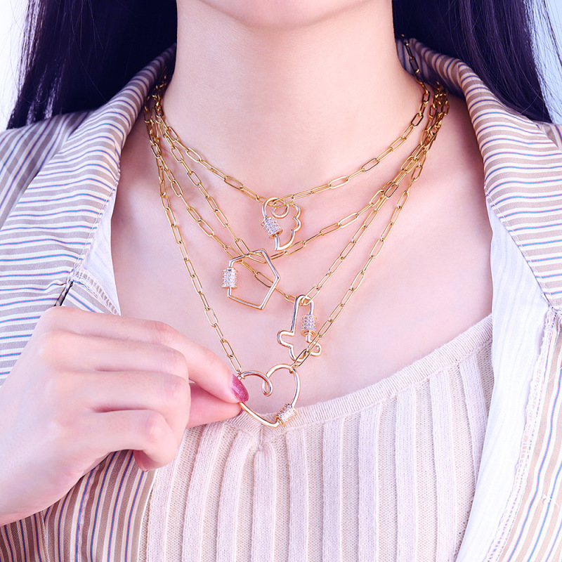 Gold Plated Stainless Steel Paper Clip Chain Heart Climbing Button Carabiner Necklace for women
