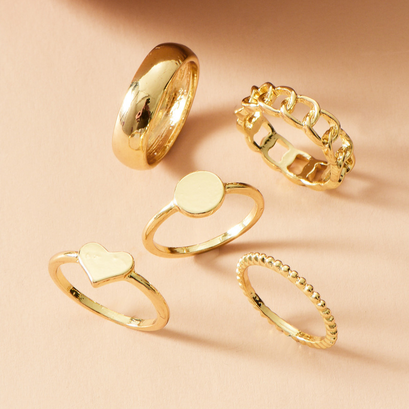 2021 New Love Heart Round Jewelry Street Fashion Style Geometric Gold Plated Ring 5 Piece Set