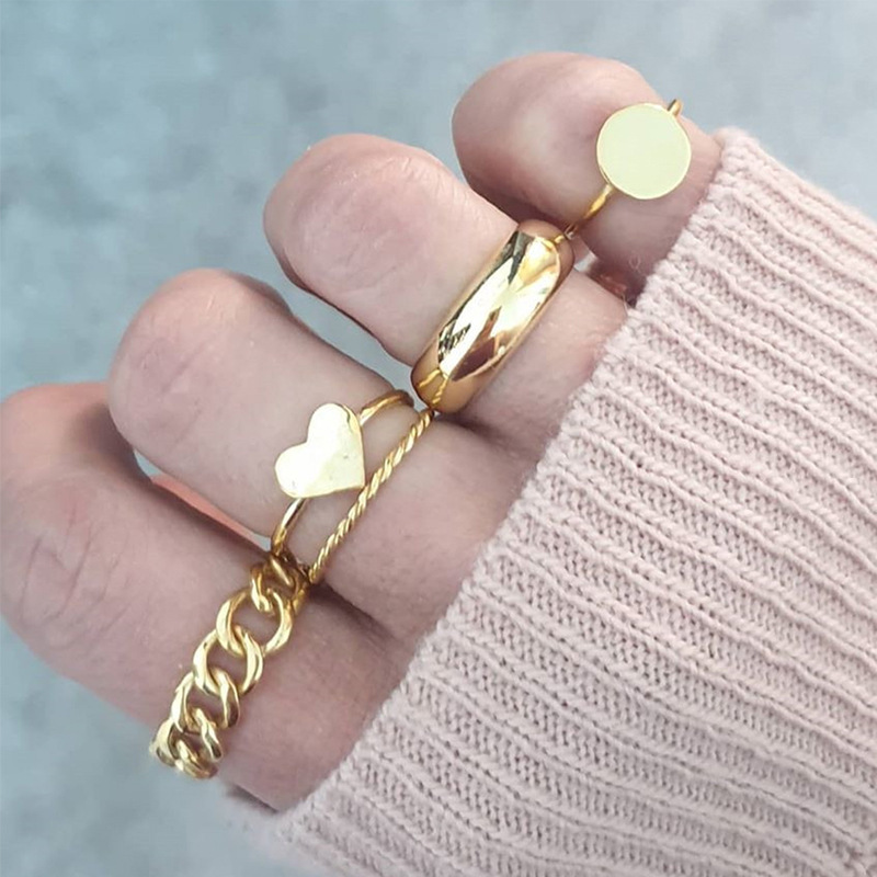 2021 New Love Heart Round Jewelry Street Fashion Style Geometric Gold Plated Ring 5 Piece Set