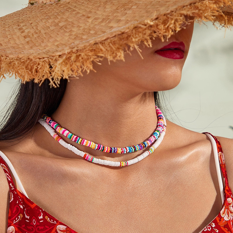 Trendy Custom Bohemian Style Colorful Polymer Clay Disc Multi Layered Vinyl Heishi Beads Necklace for Women