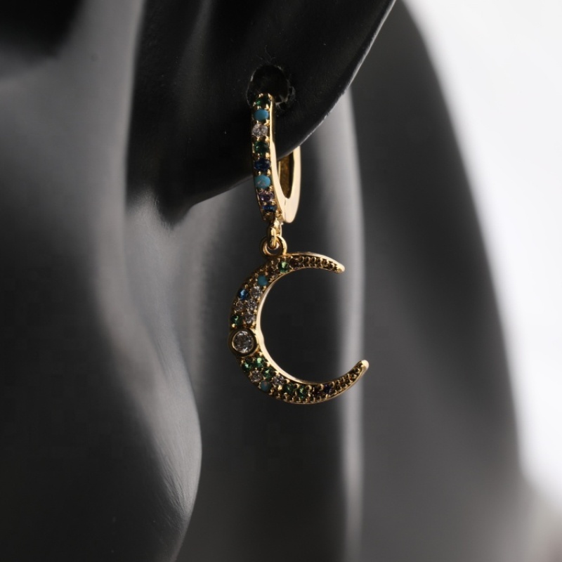 Multicolour Gold Plated Zircon Moon Drop Earrings Zirconia Crystal Rhinestone Cz Jewelry Huggie Earrings for Women Party