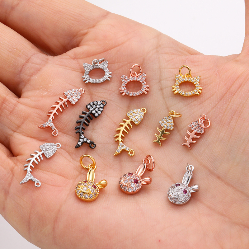 Wholesale Diy Hot Sale Gold Plated Pendants Accessories Fishbone Rabbit Design Handmade Zirconia Bracelets Necklaces Jewelry