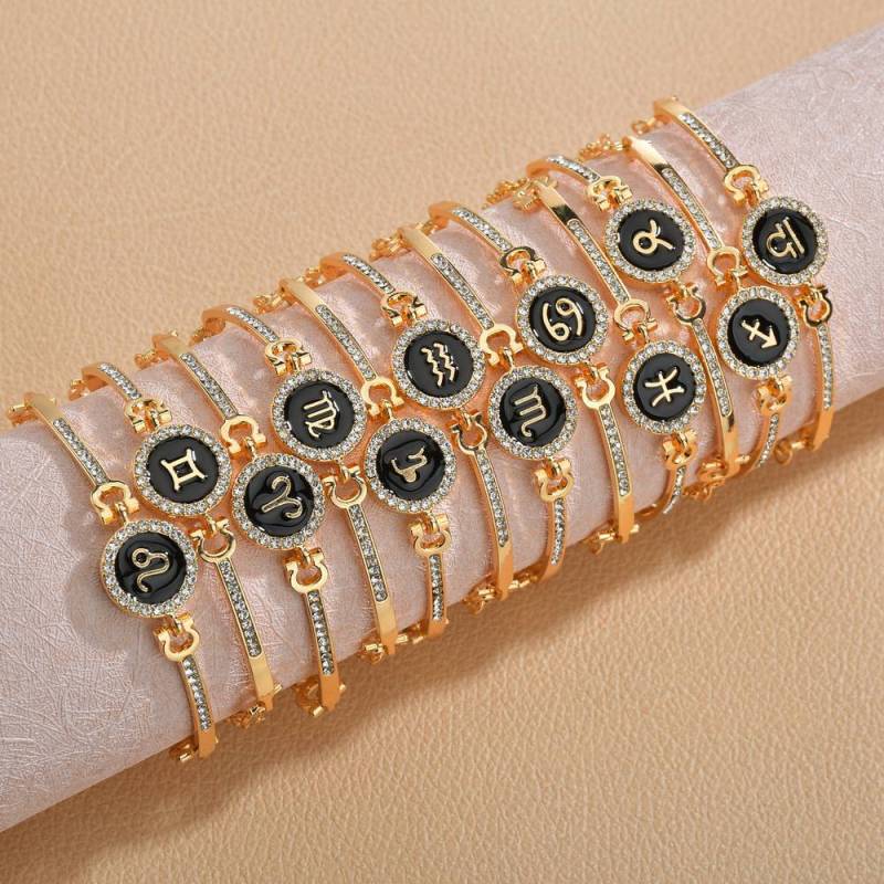 Fashion Trendy Adjustable Micro Paved Zircon Round Zodiac Bracelet Personalized 12 Astrology Bangle for Women