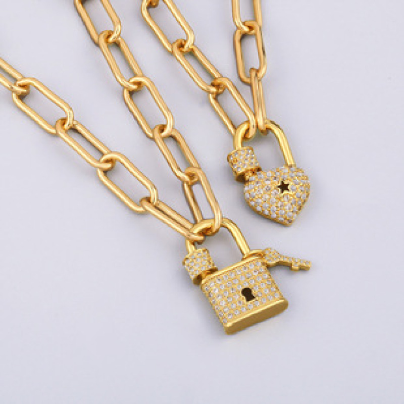 2021 Custom Women Fashion Accessories Gold Plated Micro Inlaid Zircon Ins Style Heart Lock Shaped Charm Chain Pendant Necklace