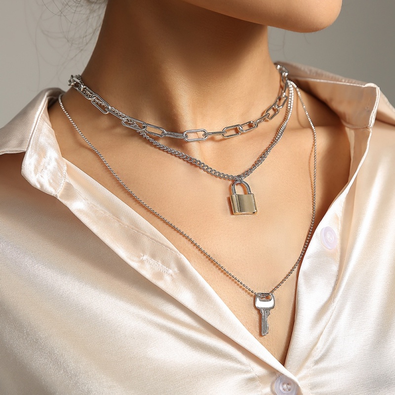 Silver Plated Alloy Cuban Paper Clip Chain Key and Lock Charm Necklace
