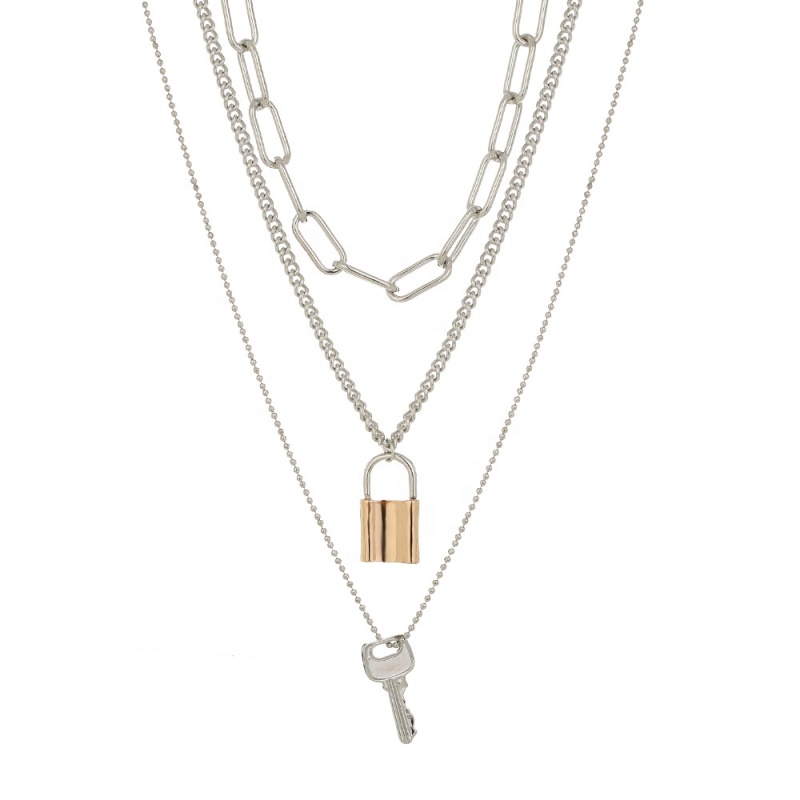 Silver Plated Alloy Cuban Paper Clip Chain Key and Lock Charm Necklace