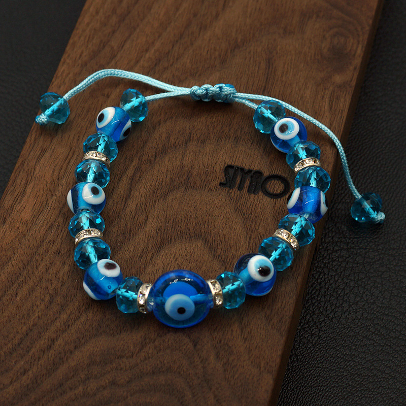 Blue eyes jewelry bangle lake blue glazed crystal beads handmade woven adjustable evil eyes bracelets