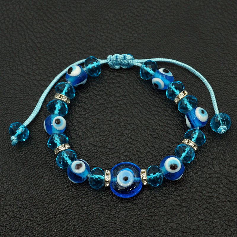 Blue eyes jewelry bangle lake blue glazed crystal beads handmade woven adjustable evil eyes bracelets
