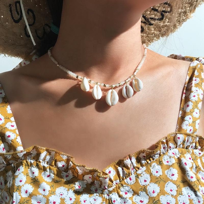 Bohemian link chain round beadssummer jewelry  natural sea shell necklace for women