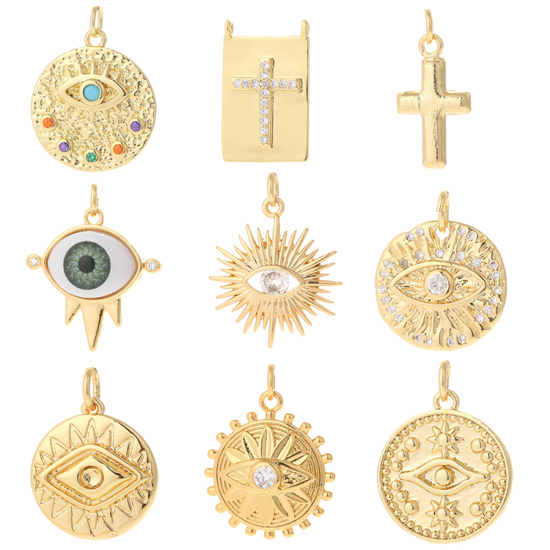 Wholesale Hot Sale 18k Gold Plated Religion Cross Eyes Handmade Pendant Body Round Shape Charm Accessories Zircon Jewelry