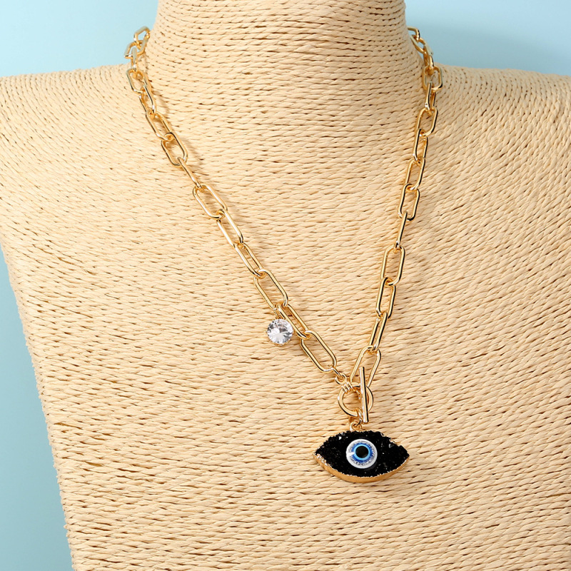 Paper Clip Chain OT Toggle Clasp Natural Stone Devil Eye Pendant Necklace