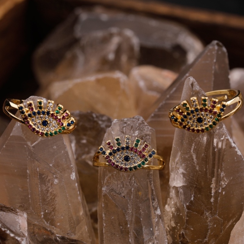 Fashion Jewelry Rainbow CZ Micro Pave Gold Plating Turkish Evil Eyes Adjustable Ring For Valentine gifts
