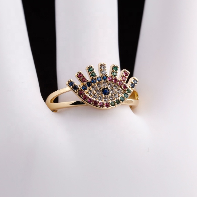 Fashion Jewelry Rainbow CZ Micro Pave Gold Plating Turkish Evil Eyes Adjustable Ring For Valentine gifts