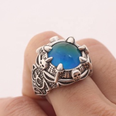 Size 9 10 Men Hip Hop Style Vintage Silver Plated Color Change Stone with Temperature Control  Mood Skull Ring