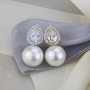 CZ Micro Pave Gold and Silver Plated Copper Earrings  Large White Pearl Stud Earrings