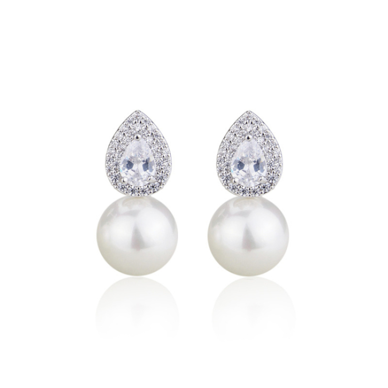 CZ Micro Pave Gold and Silver Plated Copper Earrings  Large White Pearl Stud Earrings