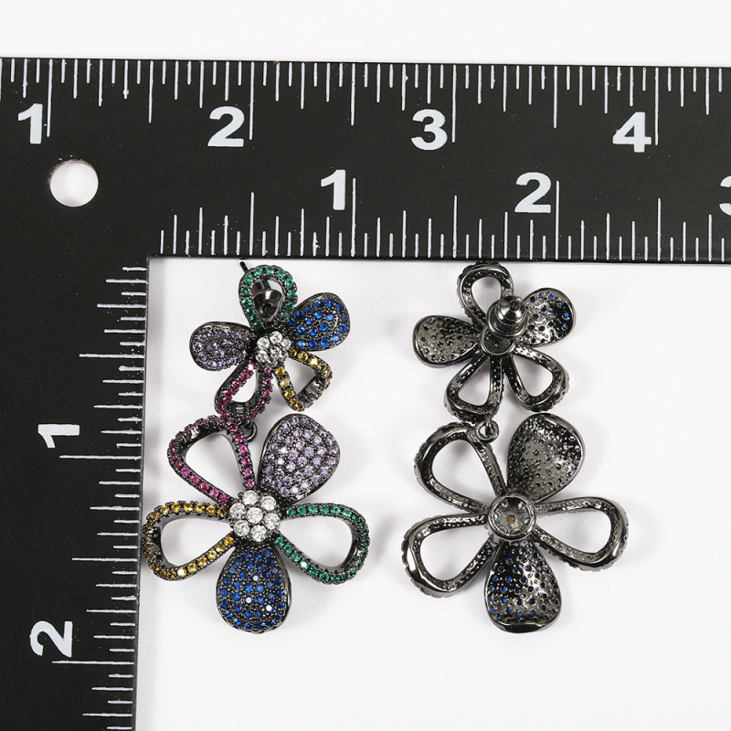 2021 Trend Jewelry Black Gun Plated Brass Zircon Flowers Exaggerated Large Big Statement Stud Post Earrings For Women