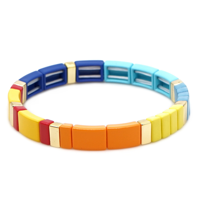 2021 Fashion Jewelry Wholesale Custom Boho Style Painted Rectangle Stretch Block Rainbow Bracelet