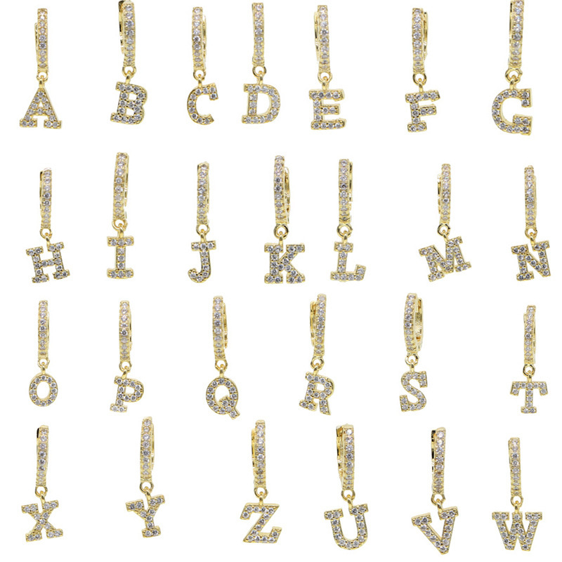 Delicate Women Gold Plated Micro Pave Zircon Brass Letter Charm Earring