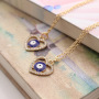 Fashion alloy gold plated chain blue eyes diamond necklace jewelry long inlaid heart evil eyes necklace for women