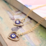 Fashion alloy gold plated chain blue eyes diamond necklace jewelry long inlaid heart evil eyes necklace for women