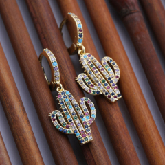 2021  elegant  Brass Zirconia Set  earrings for women 14*17.5MM Mixed color zirconia cactus earrings