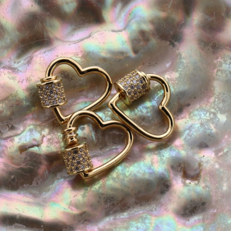Fashion DIY Jewelry Accessory 18K Gold Plated CZ Micro Pave Brass Love Heart Carabiner Clasp for Women