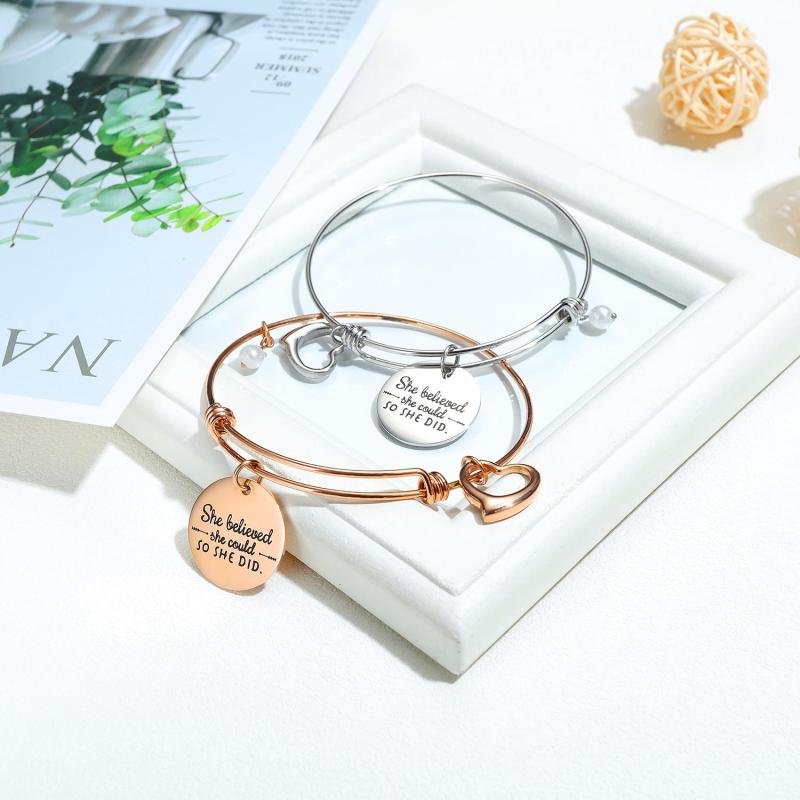 Factory OEM Engraved Charm Trendy 316L Stainless Steel Pearl Women Charm Bangle Jewelry Female Wire Adjustable Bangle Wholesale