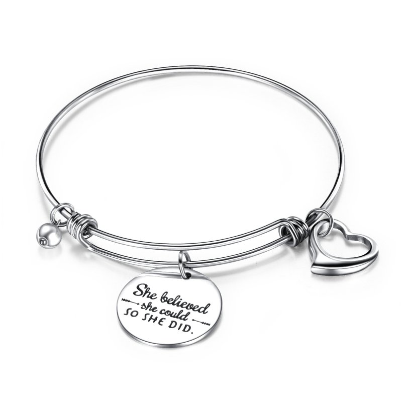 Factory OEM Engraved Charm Trendy 316L Stainless Steel Pearl Women Charm Bangle Jewelry Female Wire Adjustable Bangle Wholesale