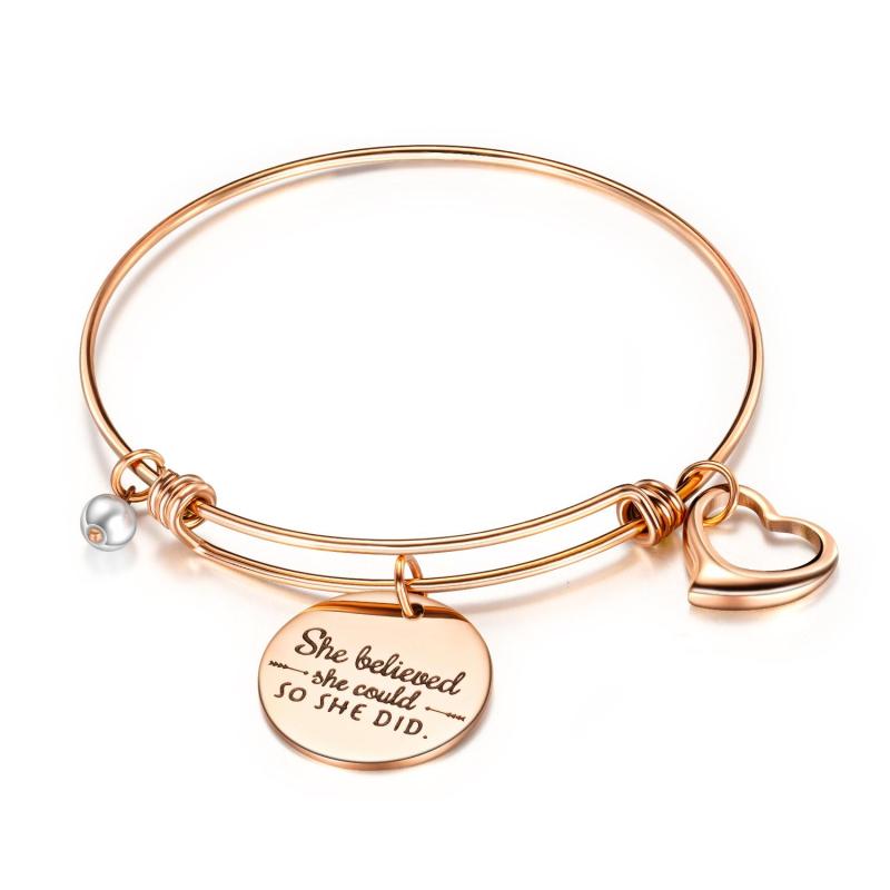 Factory OEM Engraved Charm Trendy 316L Stainless Steel Pearl Women Charm Bangle Jewelry Female Wire Adjustable Bangle Wholesale
