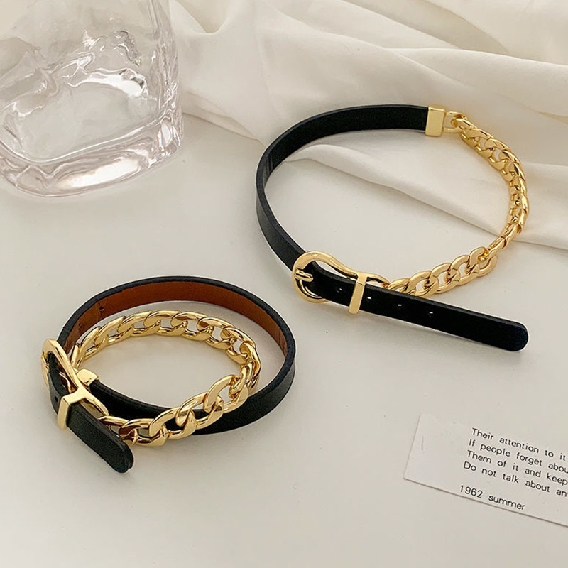 Punk Style Back Leather Belt  Gold Plated Hip Hop Double Wear Bracelet Link Chain Necklace For Women