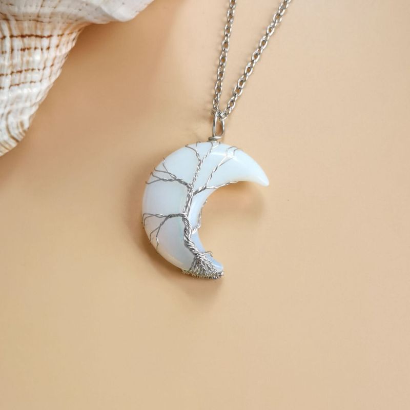 Healing Stones Crystal Spiritual Quartz Moldavite Tree of Life Crescent Moon Necklace for Men and Women